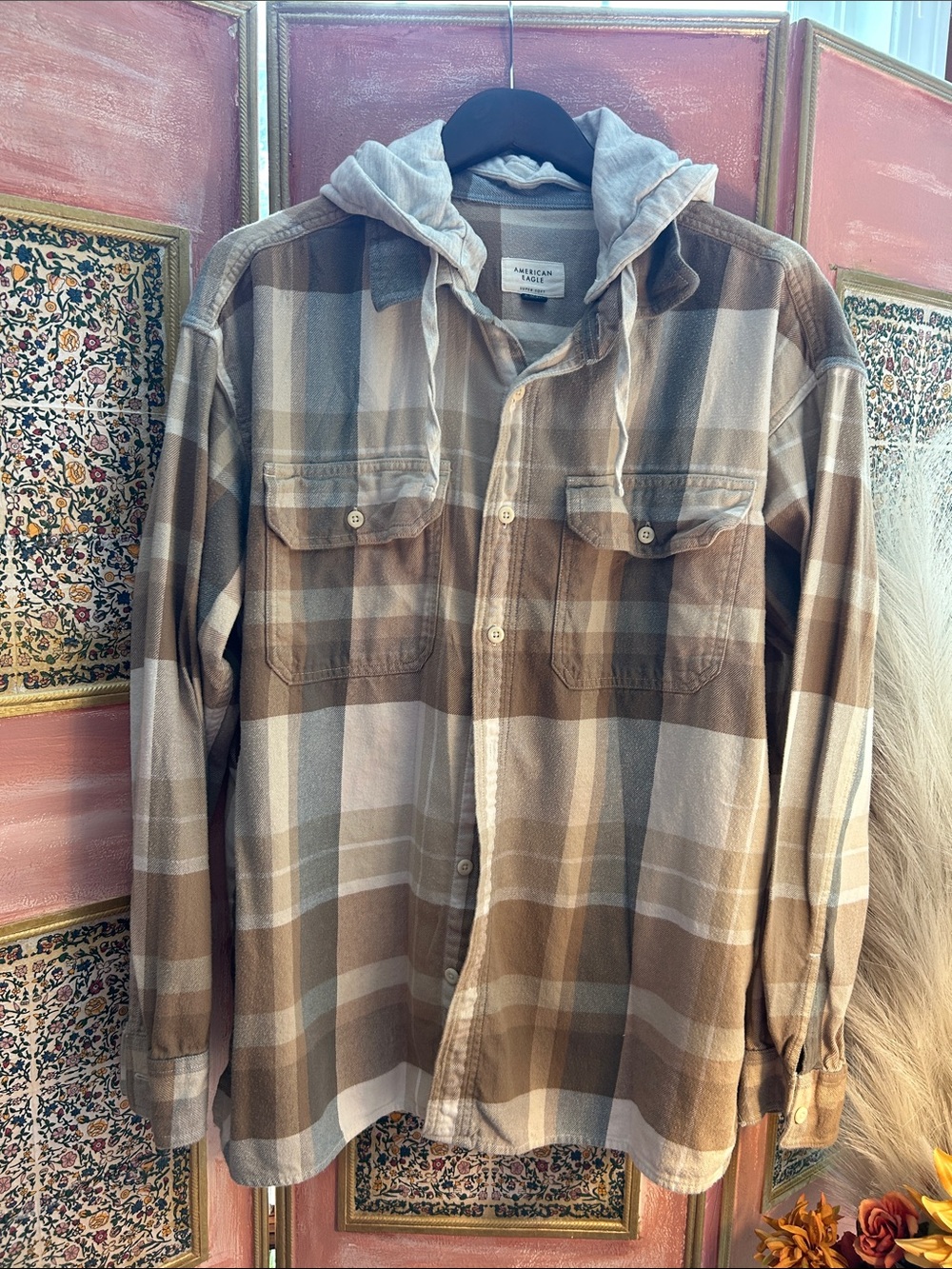 American Eagle Hooded Plaid Flannel Shacket XL Grunge Y2K women’s